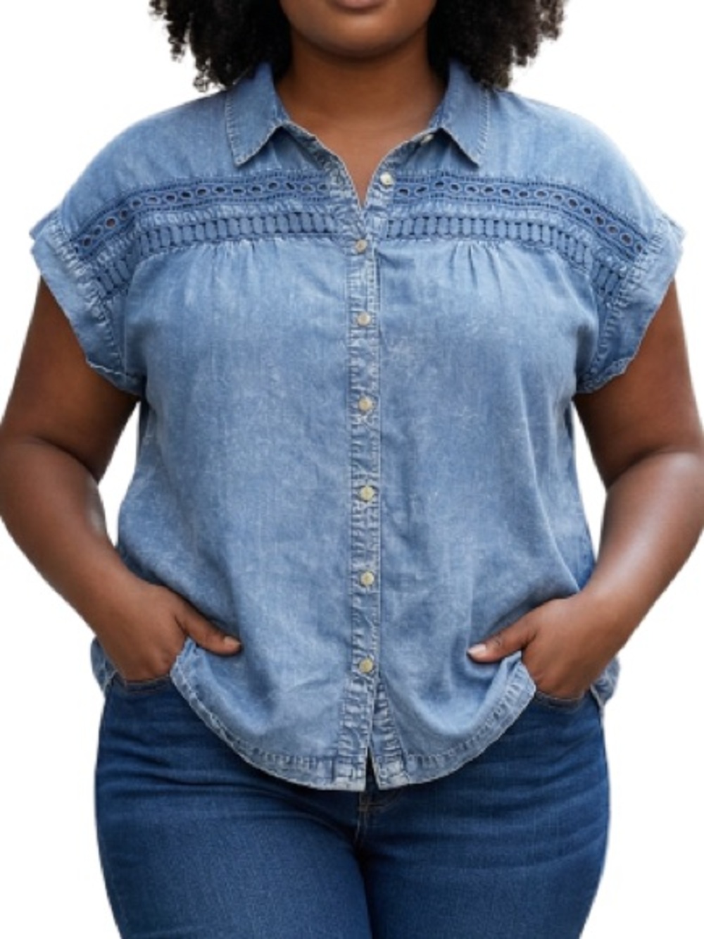 Given Kale Chambray Crochet Lace Inset Blouse Boho Button Front Top 2X